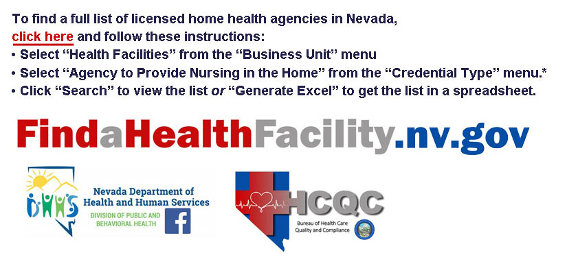 Link to web page and instructions to locate licensed Home Health Agencies in Nevada