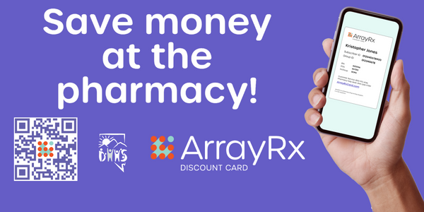 Graphic for the ArrayRx discount prescription card with logo and website ArrayRxCard.com