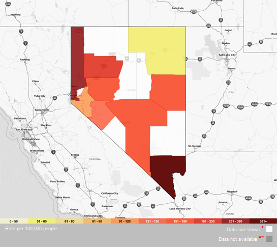 New AIDSVU Map - This map from AIDSVu highlights the counties in Nevada with highest HIV prevalence.